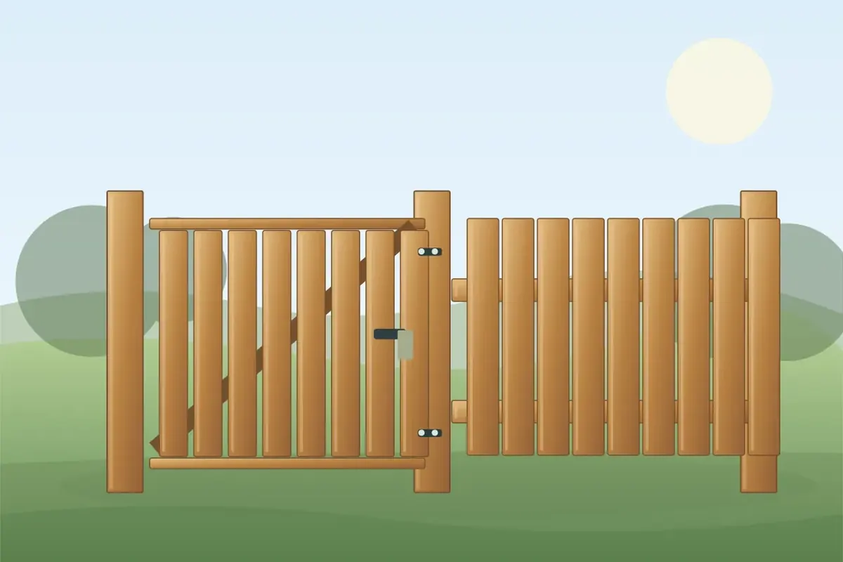 Garden fence gate with timber hinges and posts, relevant to gate alignment and repair