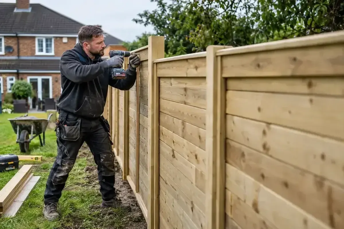 Fence contractor fitting and repairing a damaged timber garden fence panel