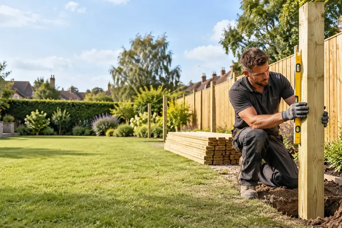 Professional fence fitter aligning and securing a replacement timber fence post in a UK garden