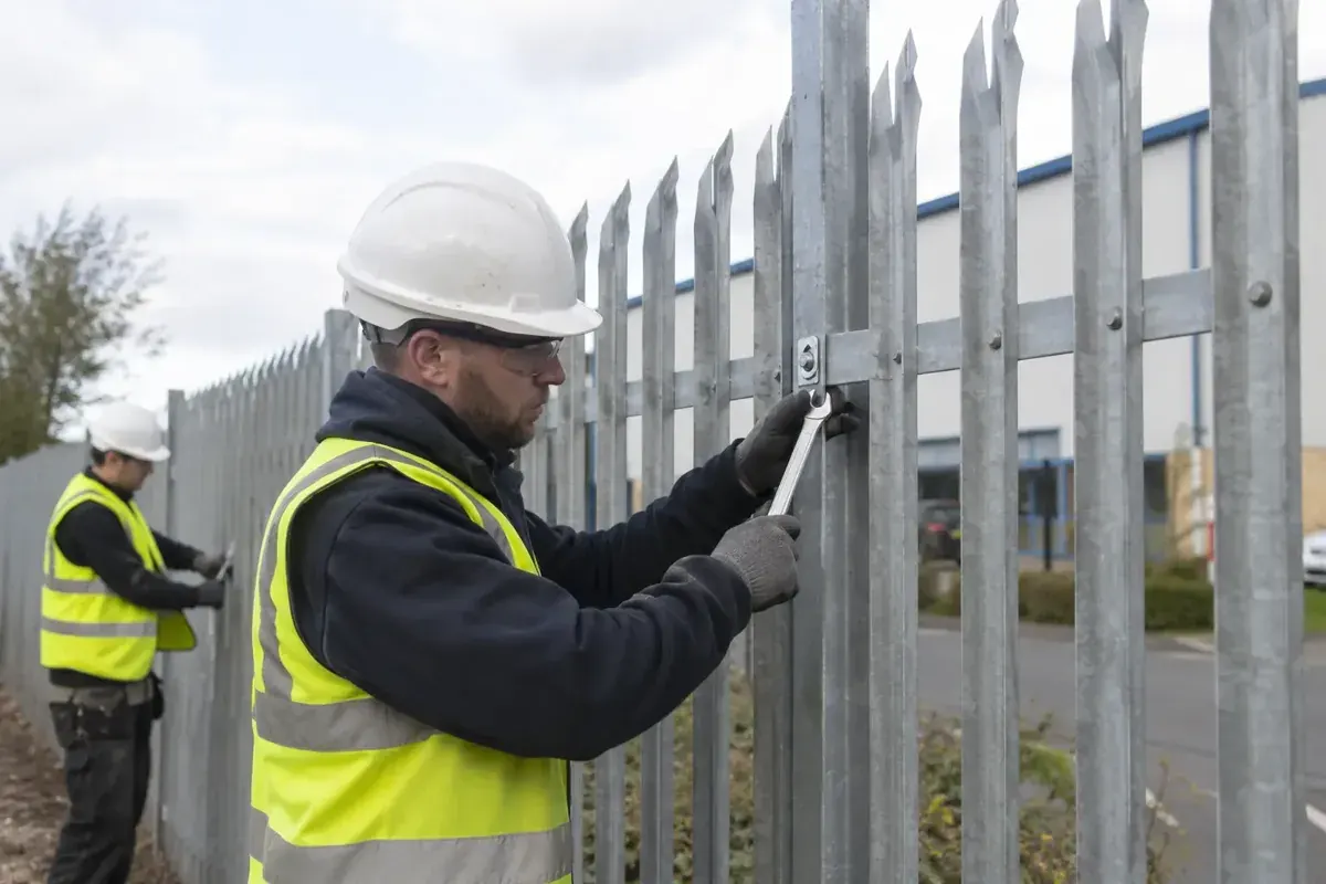 Fence contractor repairing and fastening upright galvanised steel palisade security fencing