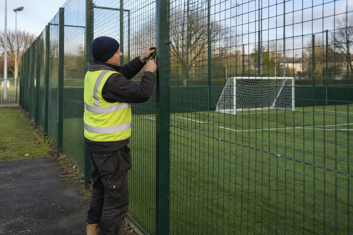 Fencing technician checking and repairing tall welded mesh security fencing around a sports pitch