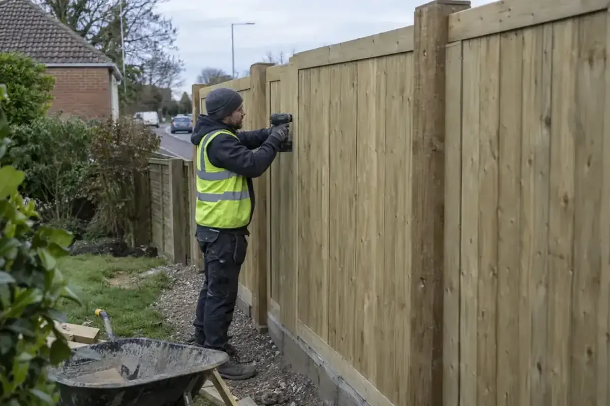 Fencing contractor inspecting and fastening a timber fence after storm-related movement